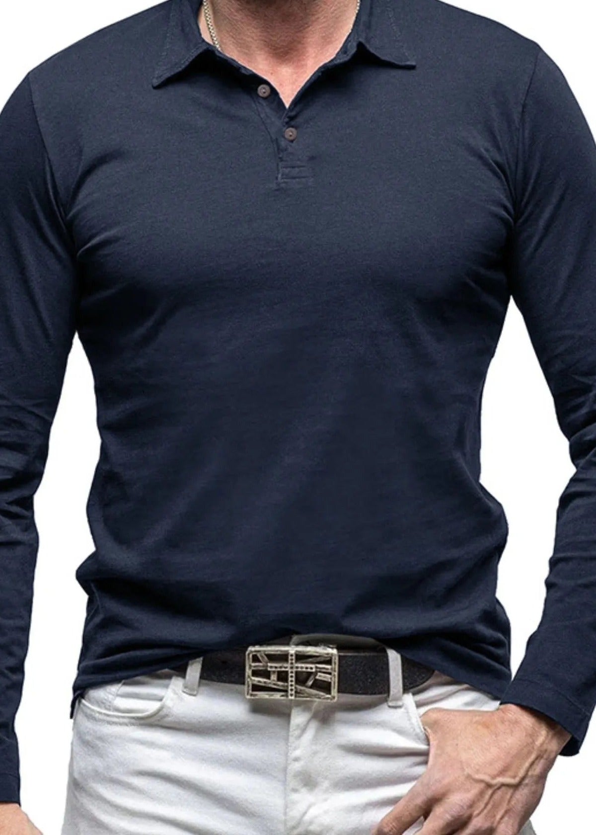 Long sleeve cotton polo, Navy, front