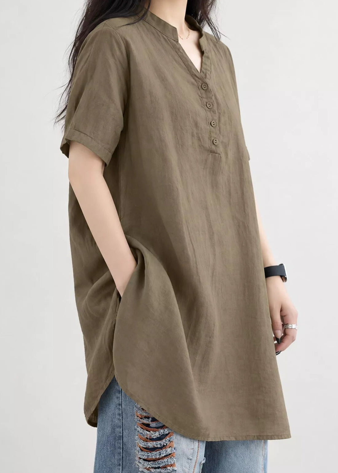 Oversized notched blouse, Khaki, front