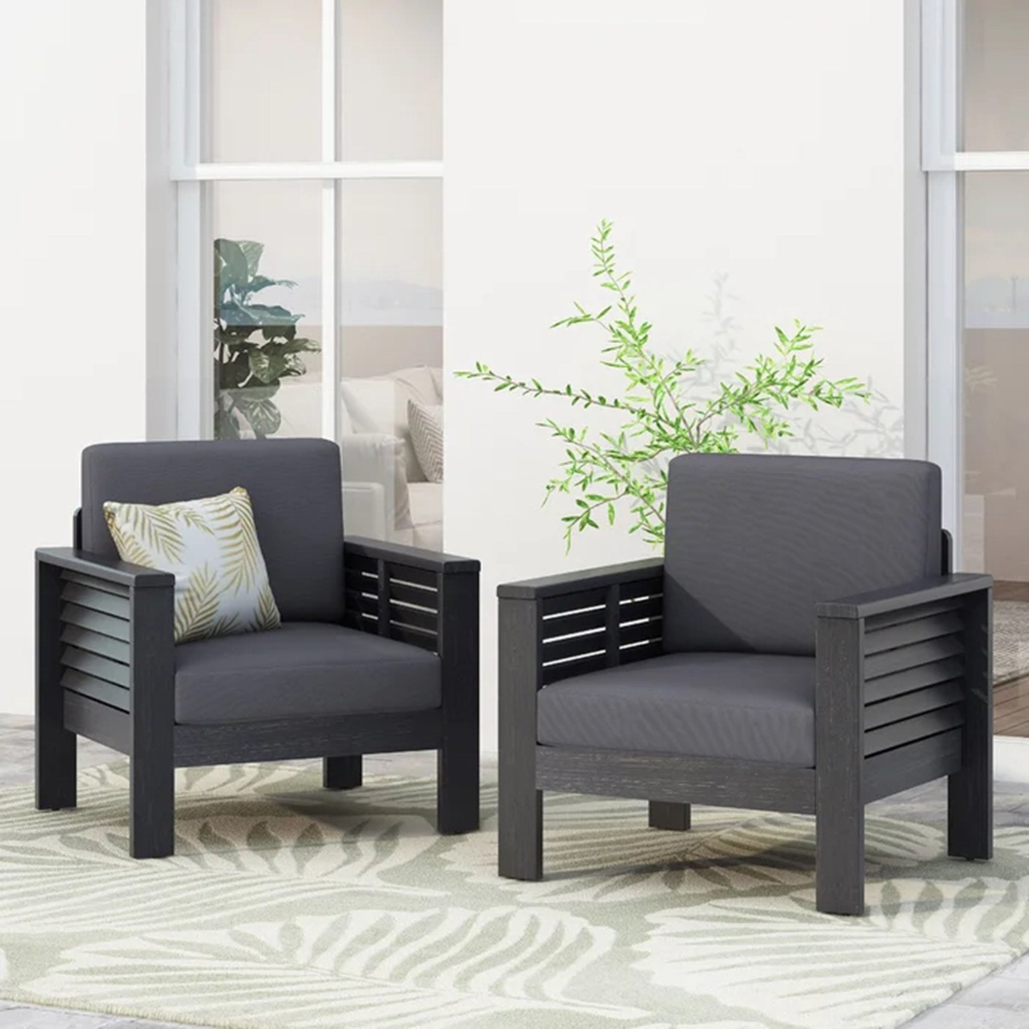 ( Set of 2) Outdoor Acacia Wood Club Chairs with Cushions, Dark Gray, 27.75"D x 32"W x 27.75"H - Masidas Stores