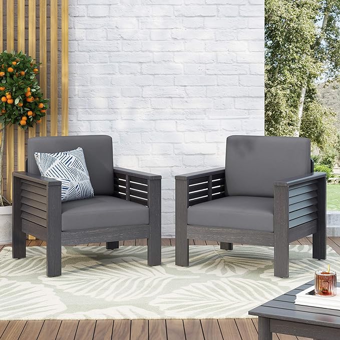 ( Set of 2) Outdoor Acacia Wood Club Chairs with Cushions, Dark Gray, 27.75"D x 32"W x 27.75"H - Masidas Stores