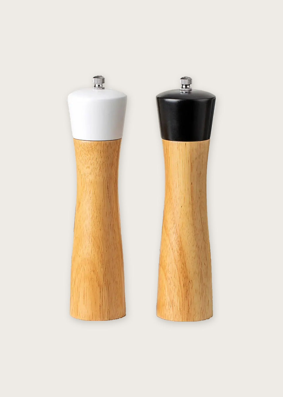 Wooden salt and pepper mills, Black and white pair, front