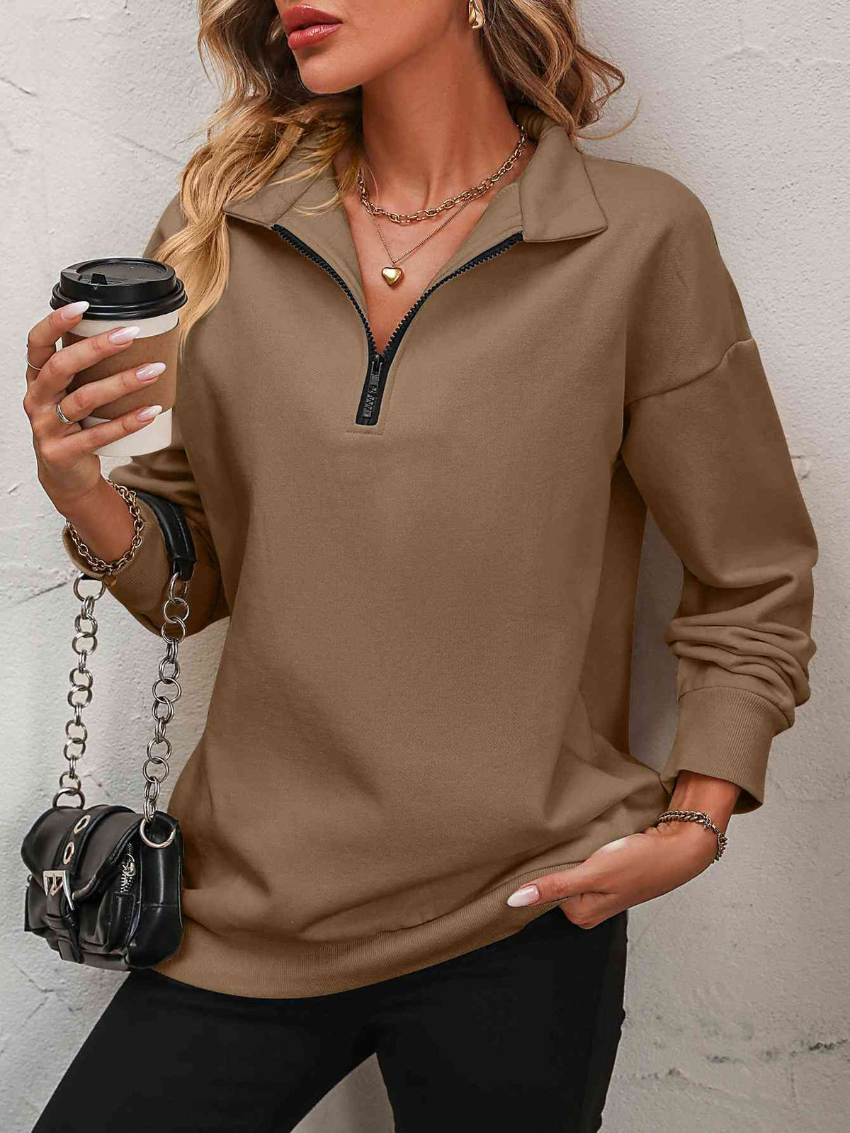 Zip up dropped shoulder sweatshirt, Camel, front