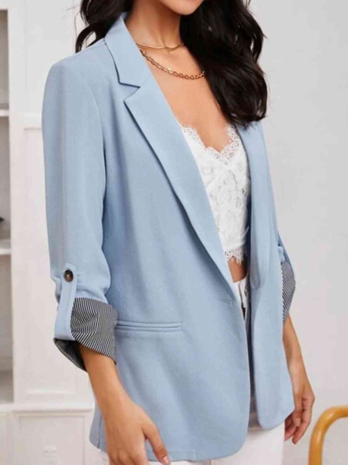 Lapel collar roll tab sleeve blazer