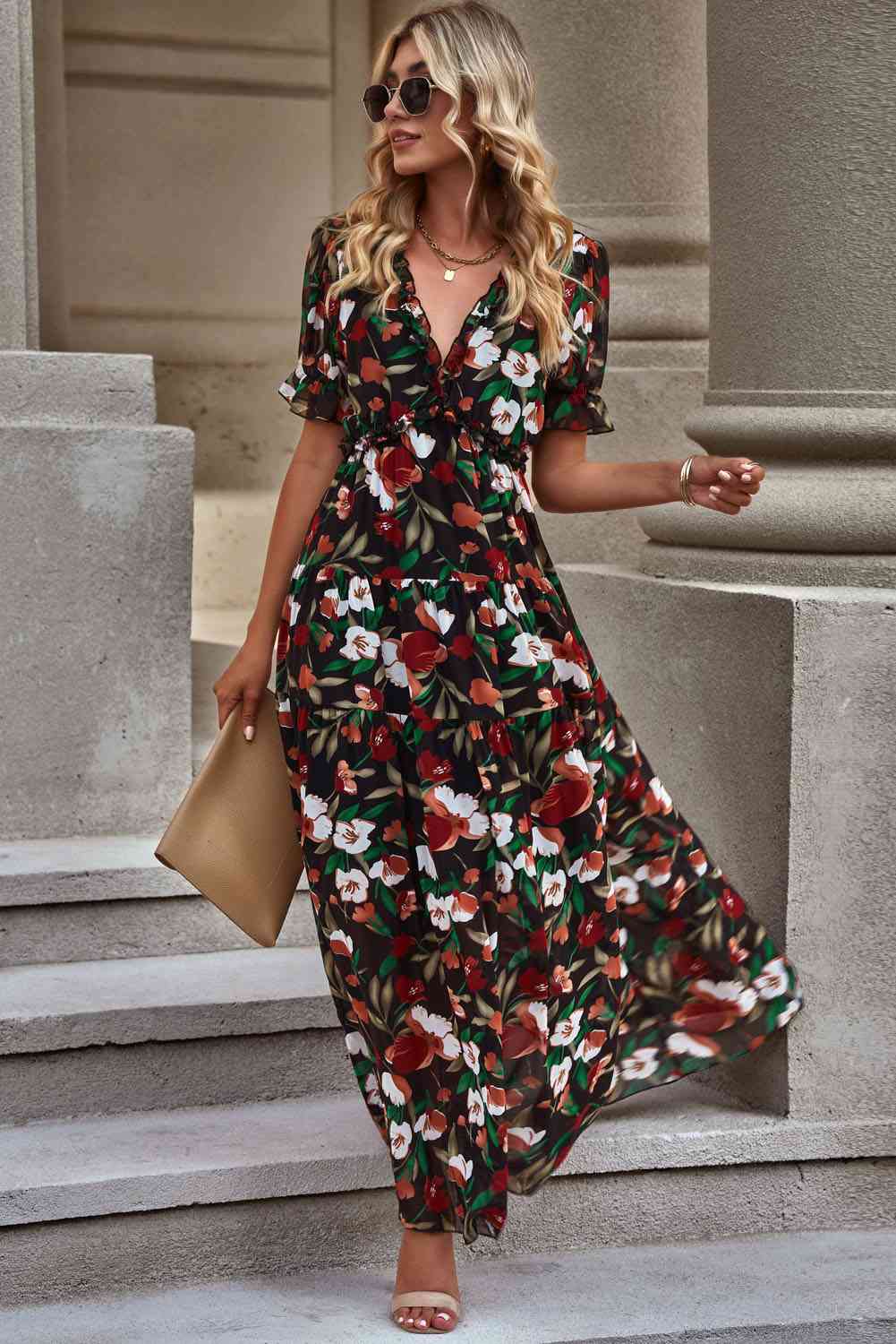 Floral flounce-sleeve dress