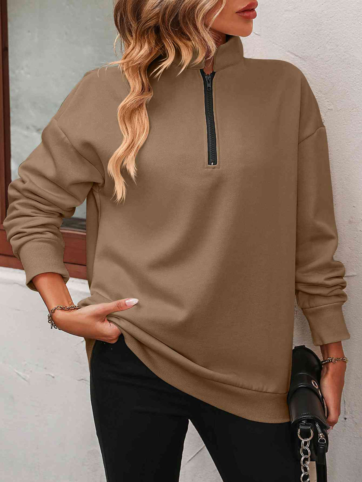 Zip up dropped shoulder sweatshirt, front