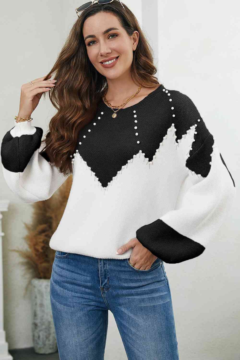 Pearl Color Block Dropped Shoulder Sweater