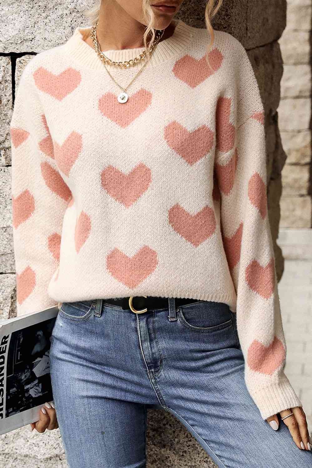 Heart Pattern Dropped Shoulder Sweater