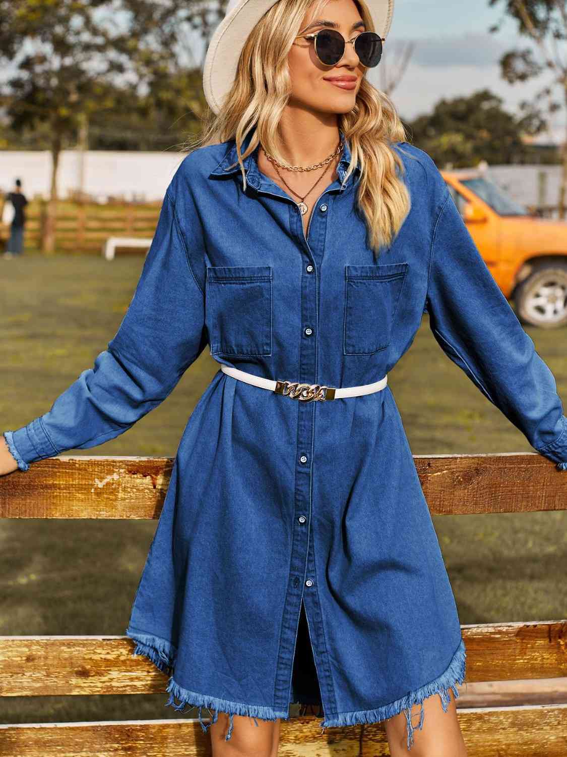 Raw-hem denim shirt dress – dark
