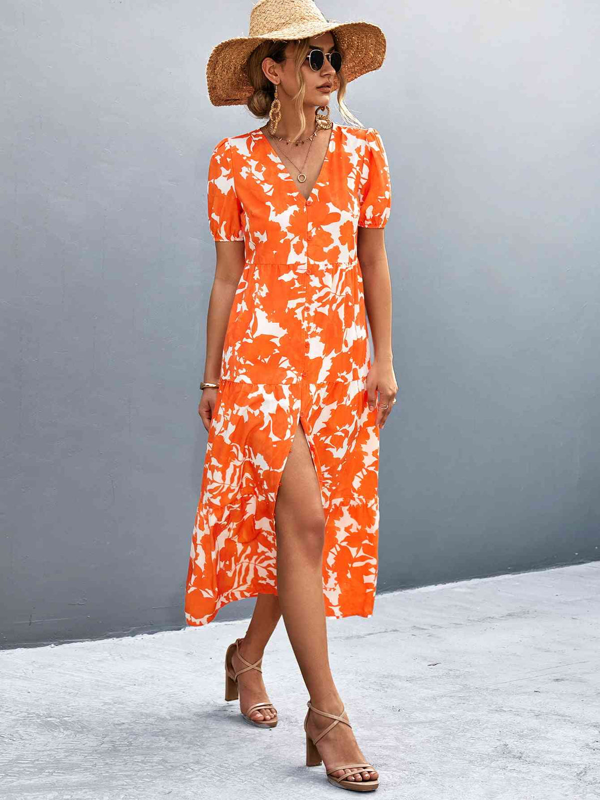 High-slit V-neck midi dress