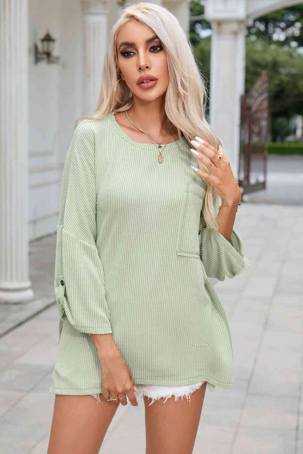 Round Neck Slit Roll-Tab Sleeve T-Shirt