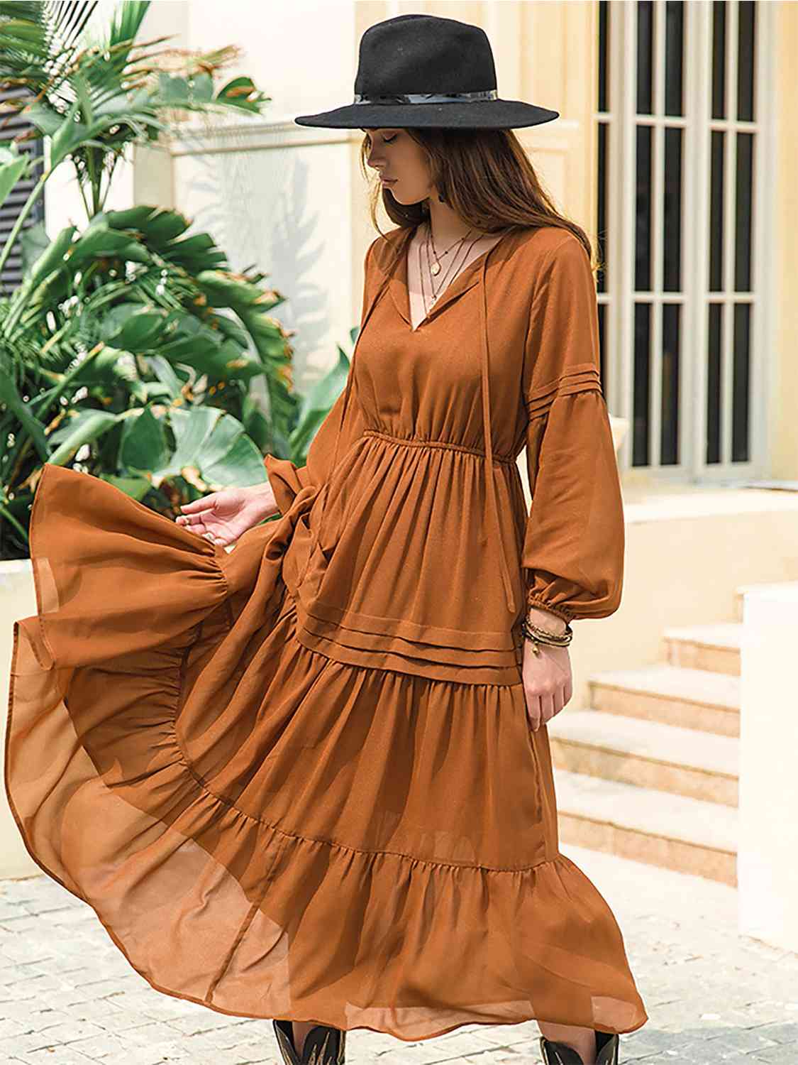 Tie-neck tiered midi dress