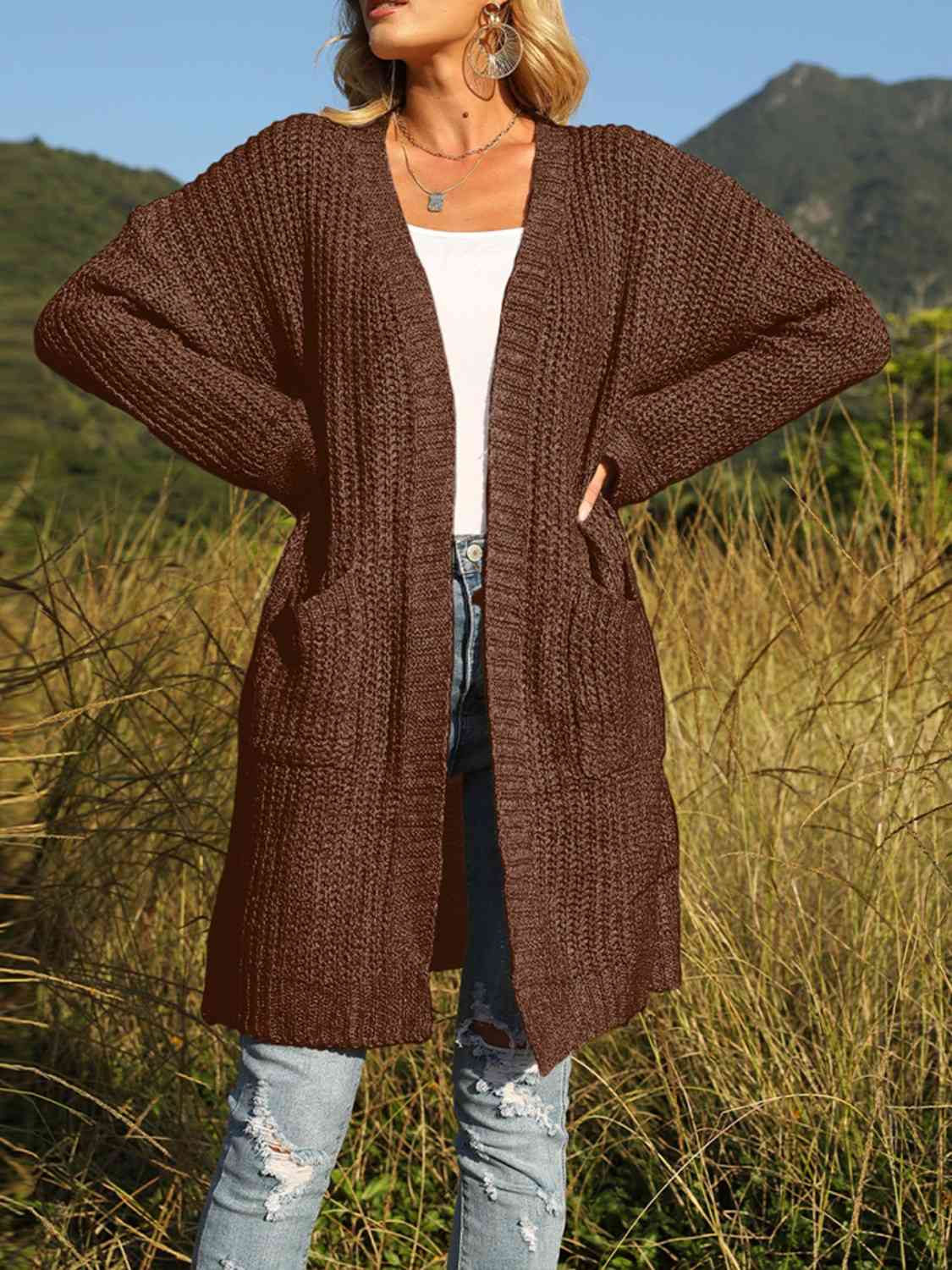 Open Front Long Sleeve Cardigan with Pockets