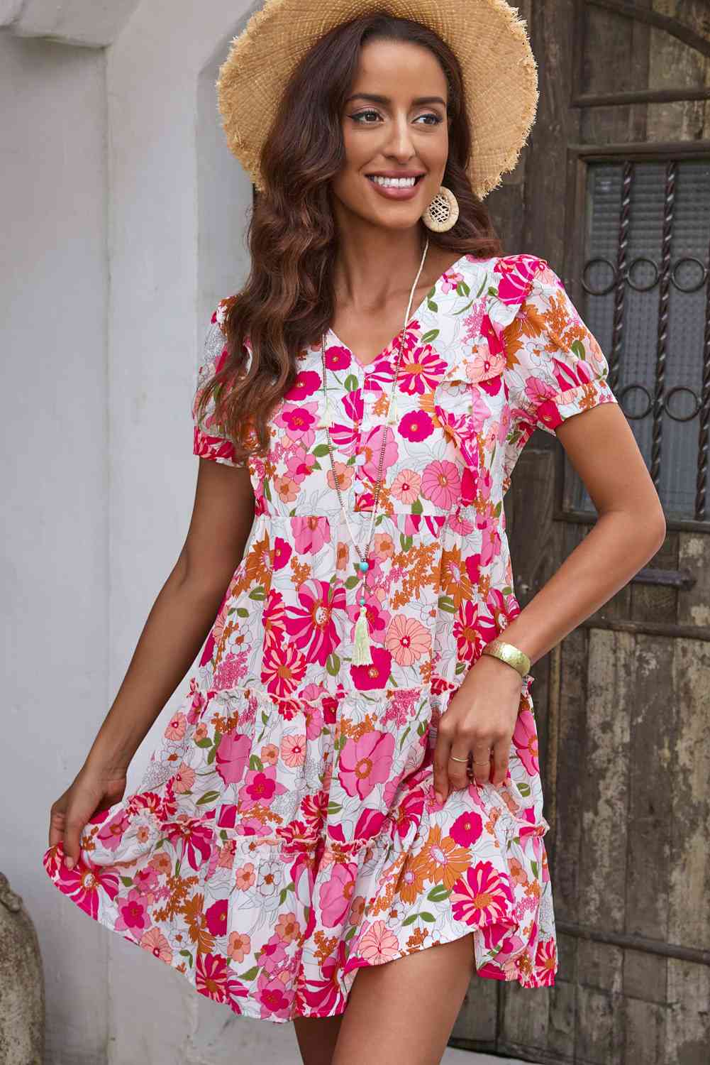 Floral V-Neck Short Sleeve Dress