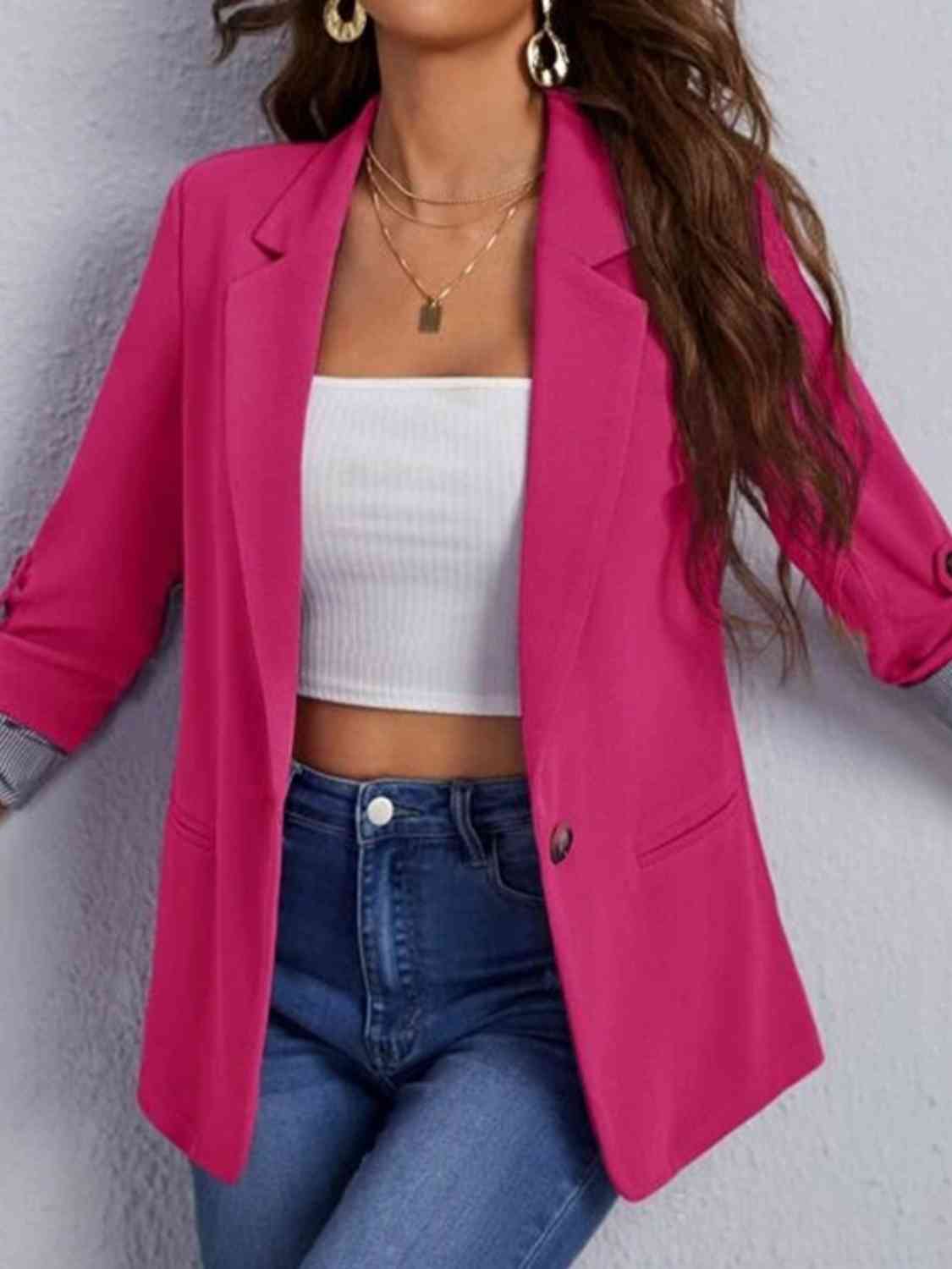 Lapel collar roll tab sleeve blazer