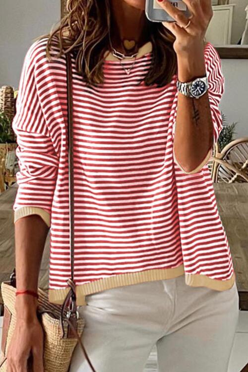 Striped Round Neck Drop Shoulder T-Shirt