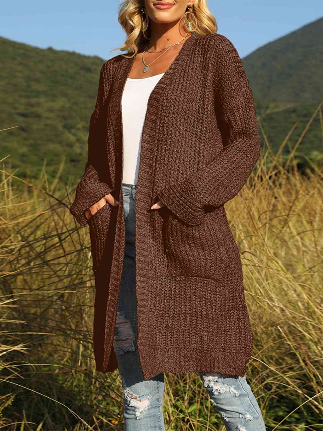 Open Front Long Sleeve Cardigan with Pockets