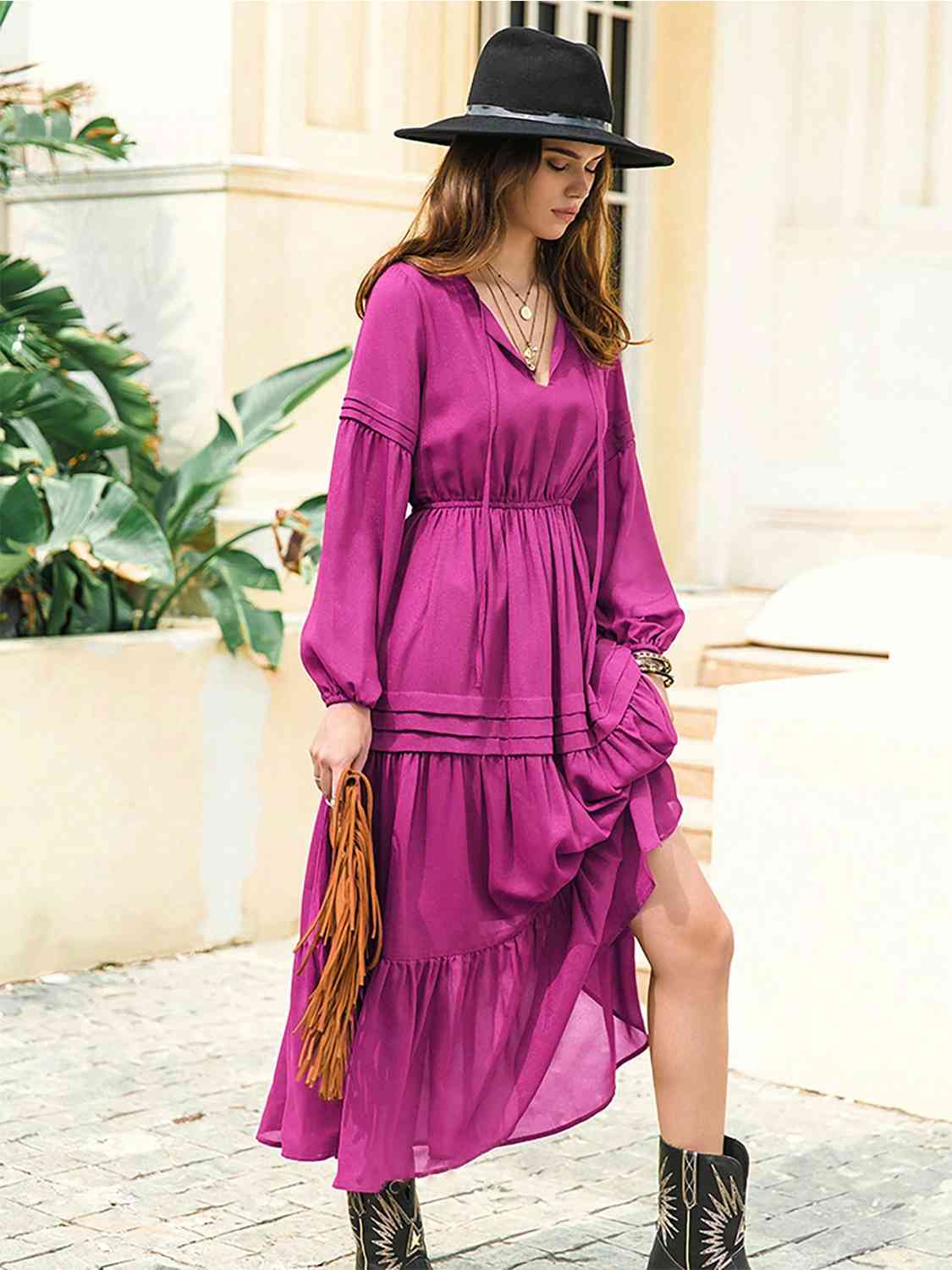 Tie neck tiered midi dress