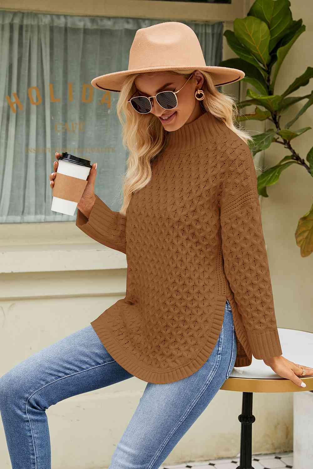 Mock neck side slit sweater