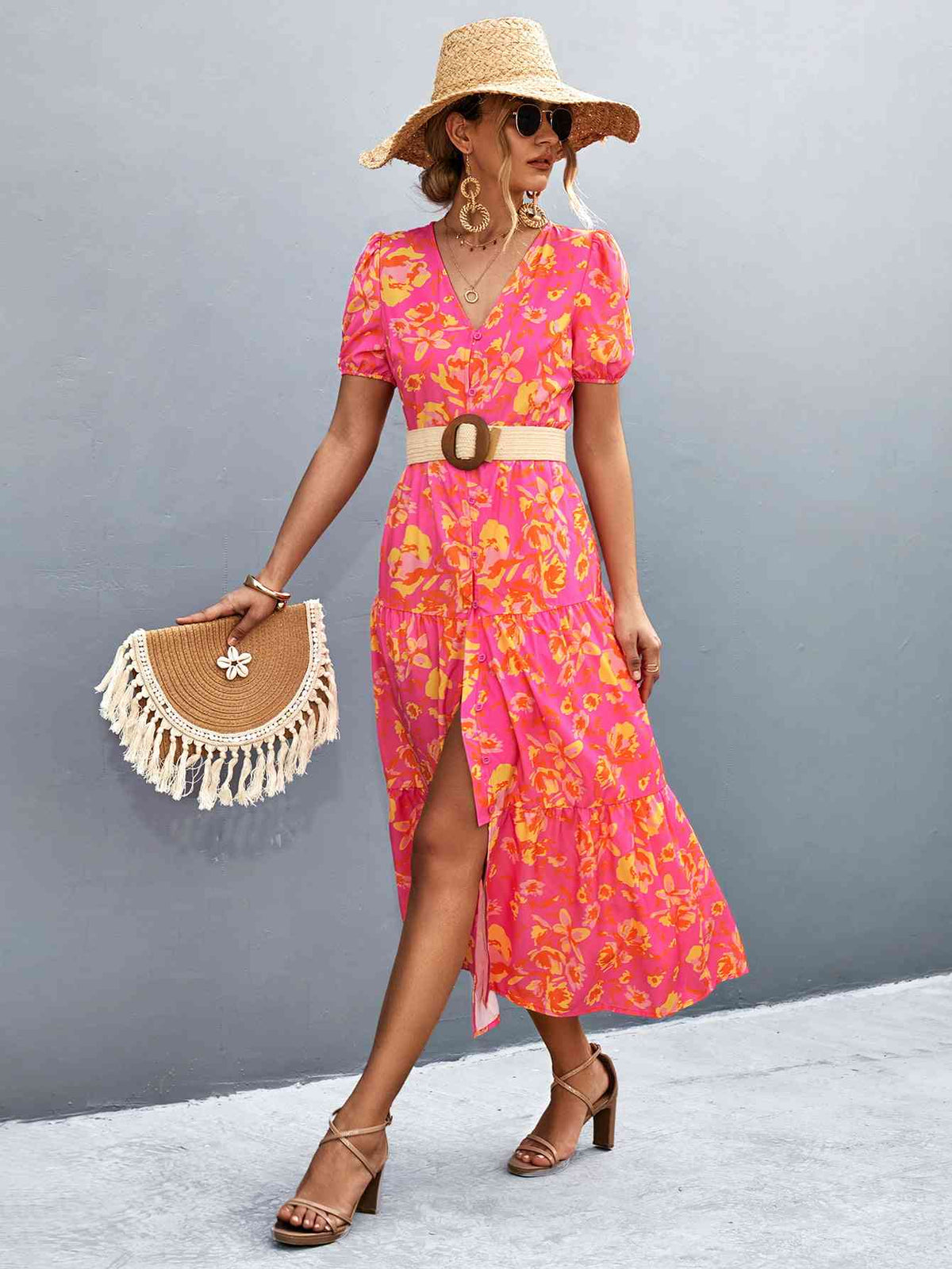 High-slit V-neck midi dress