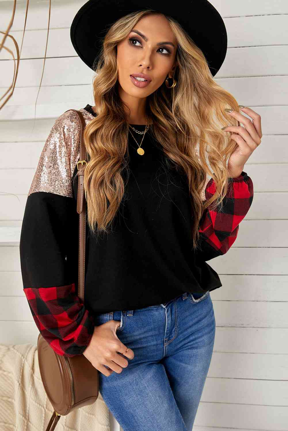 Sequin Color Block Round Neck Sweatshirt