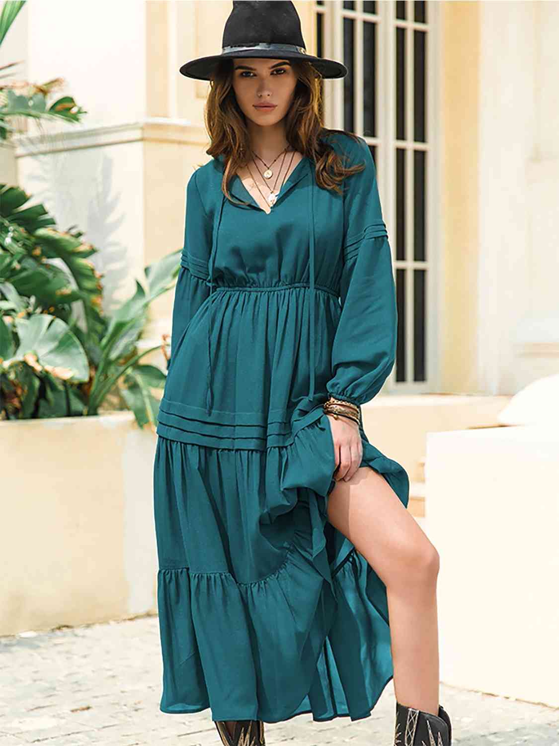 Tie-neck tiered midi dress