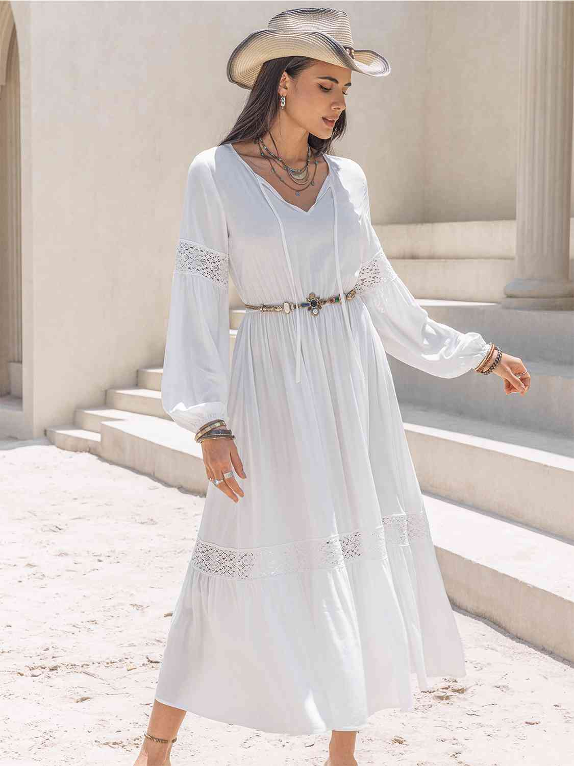 Tie-neck tiered midi dress