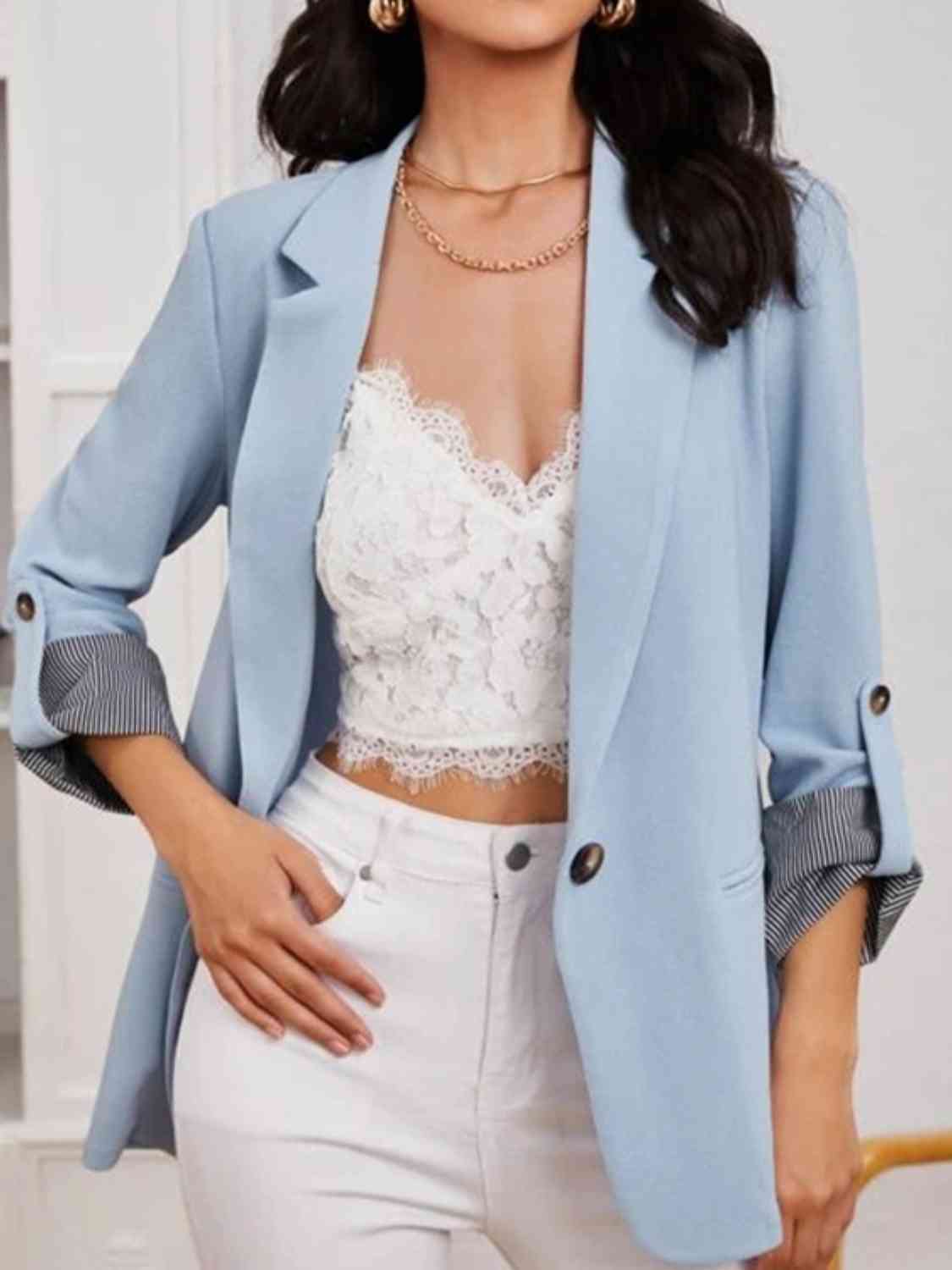Lapel collar roll tab sleeve blazer