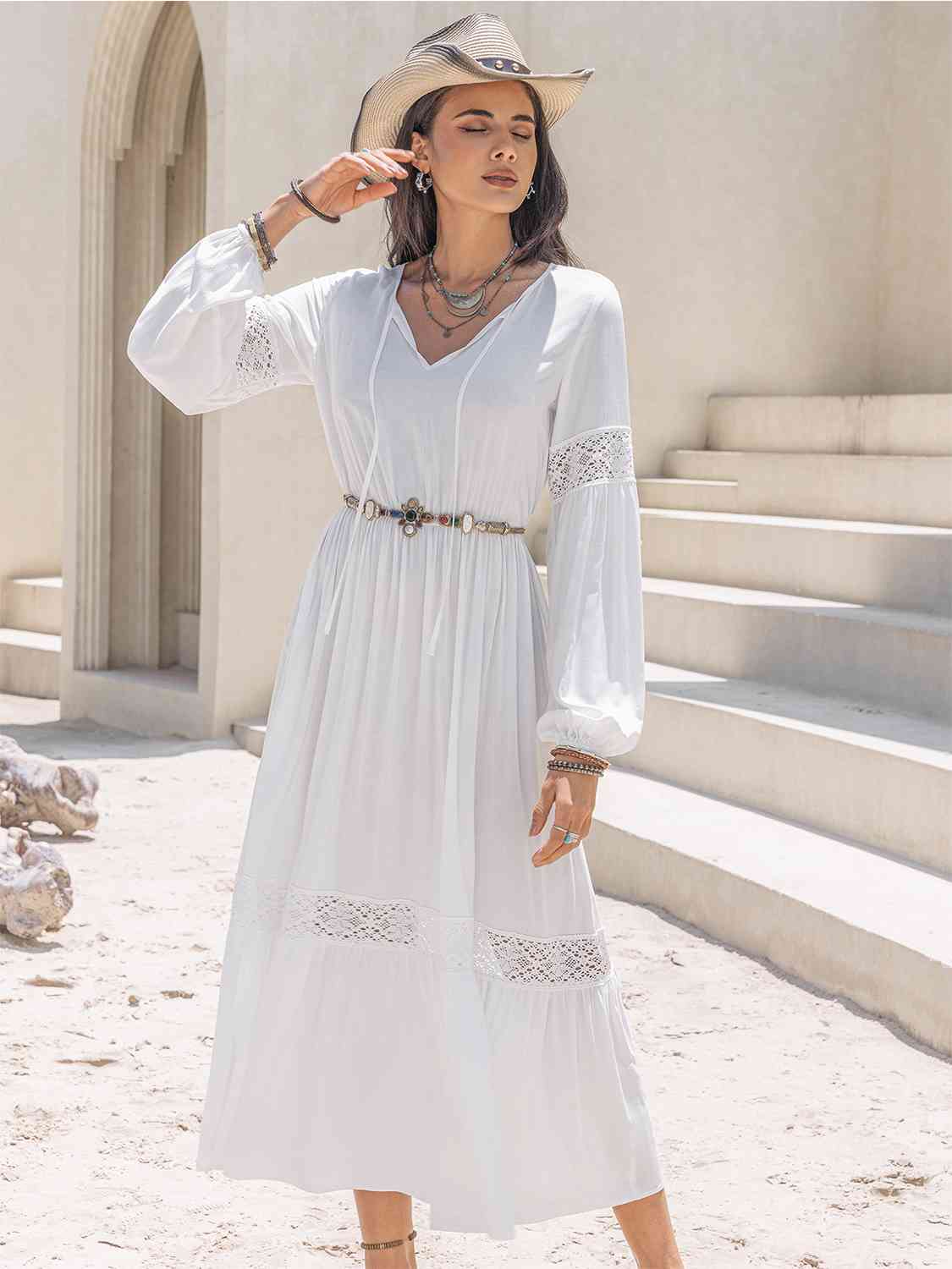 Tie-neck tiered midi dress