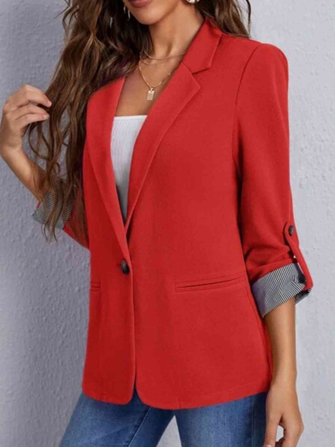 Lapel collar roll tab sleeve blazer