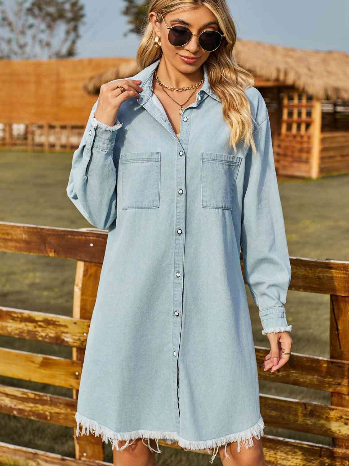 Raw-hem denim shirt dress