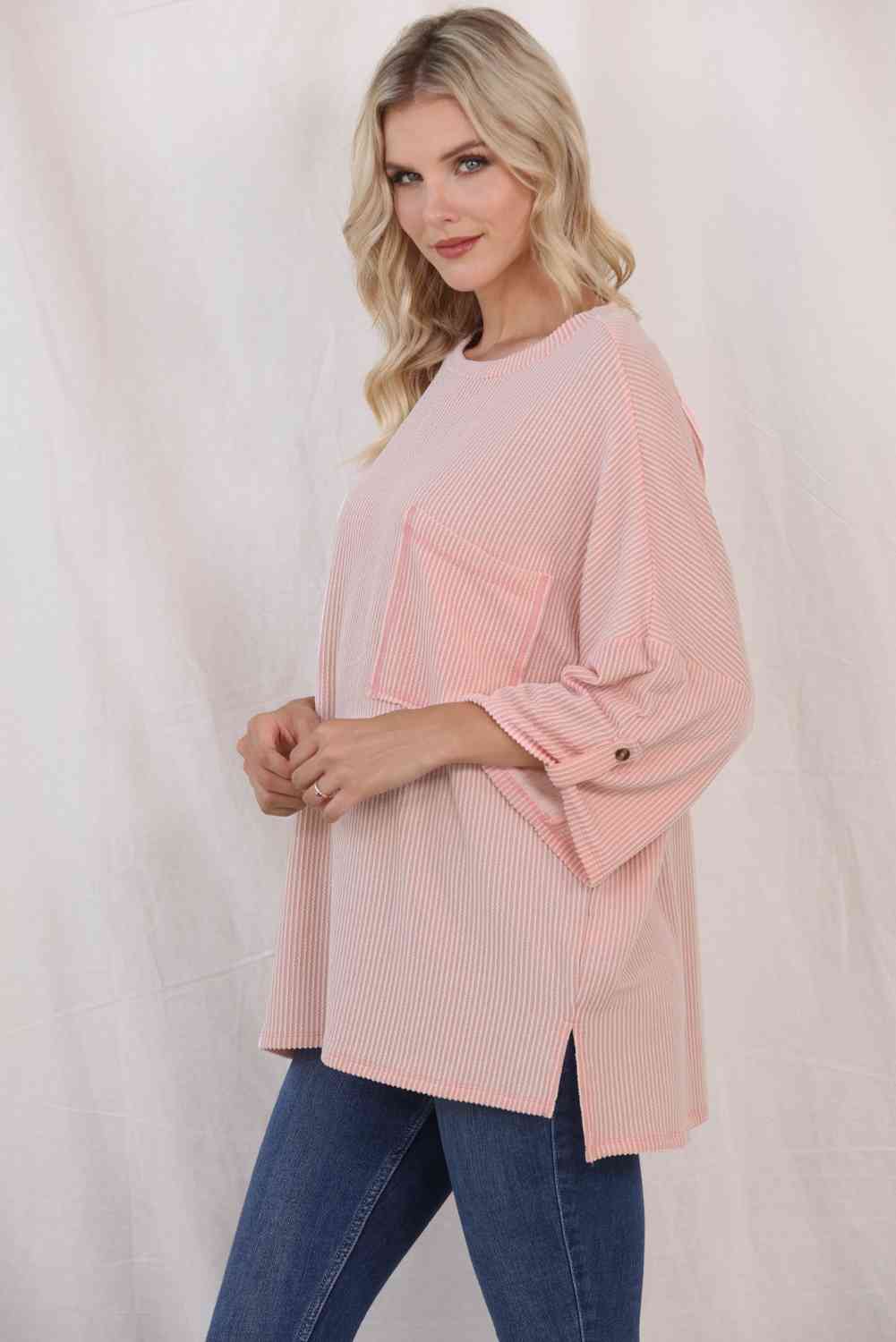 Round Neck Slit Roll-Tab Sleeve T-Shirt