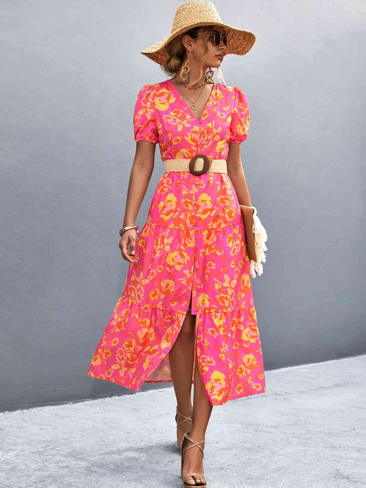 High-slit V-neck midi dress
