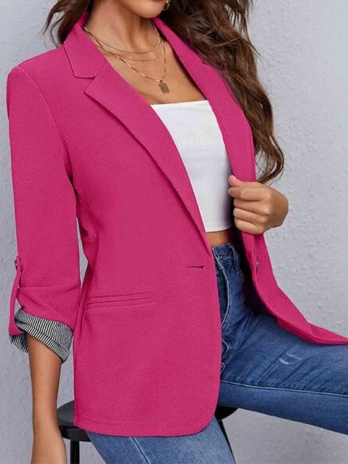Lapel collar roll tab sleeve blazer