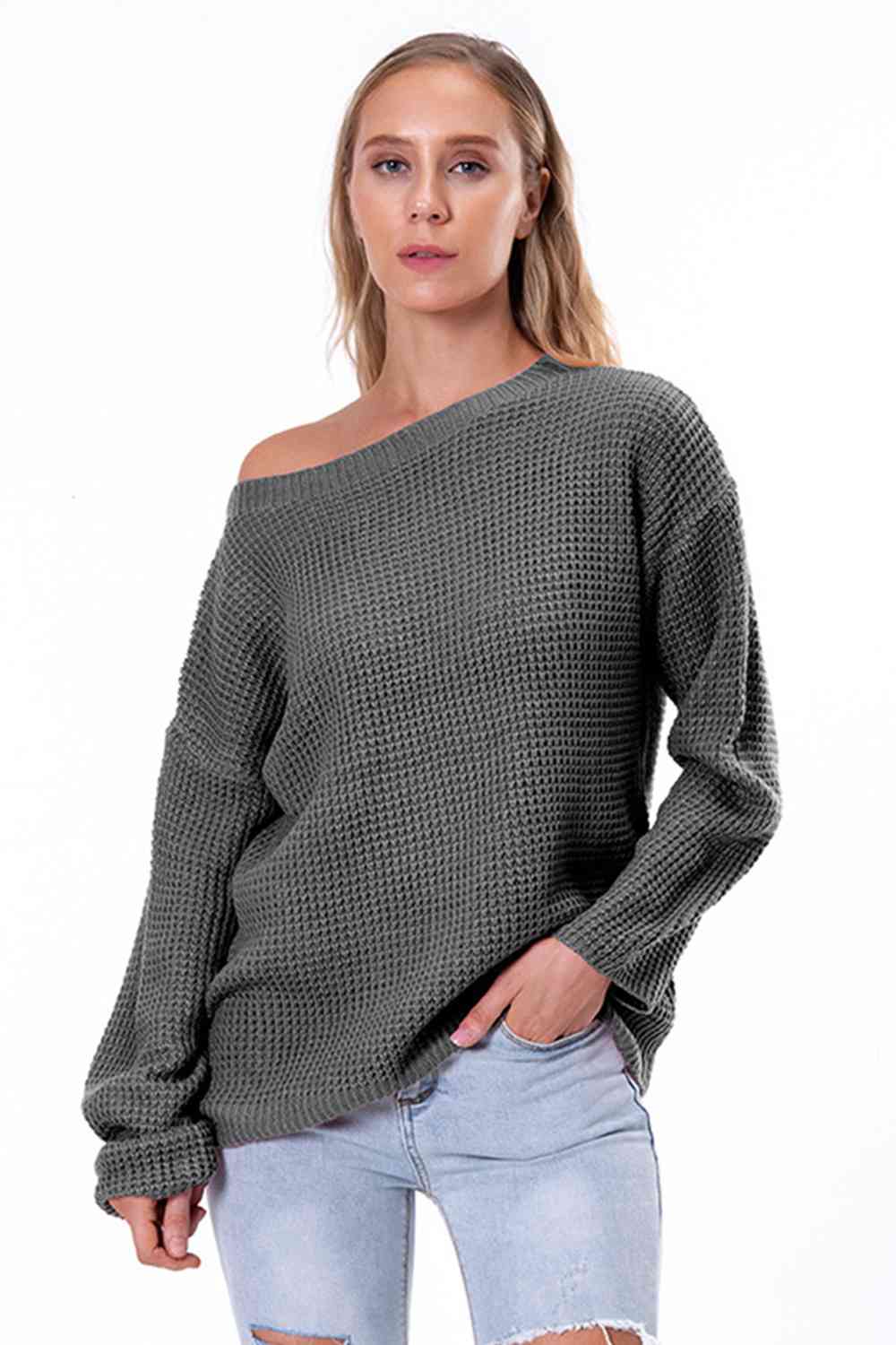 Boat Neck Drop Shoulder Long Sleeve Sweater