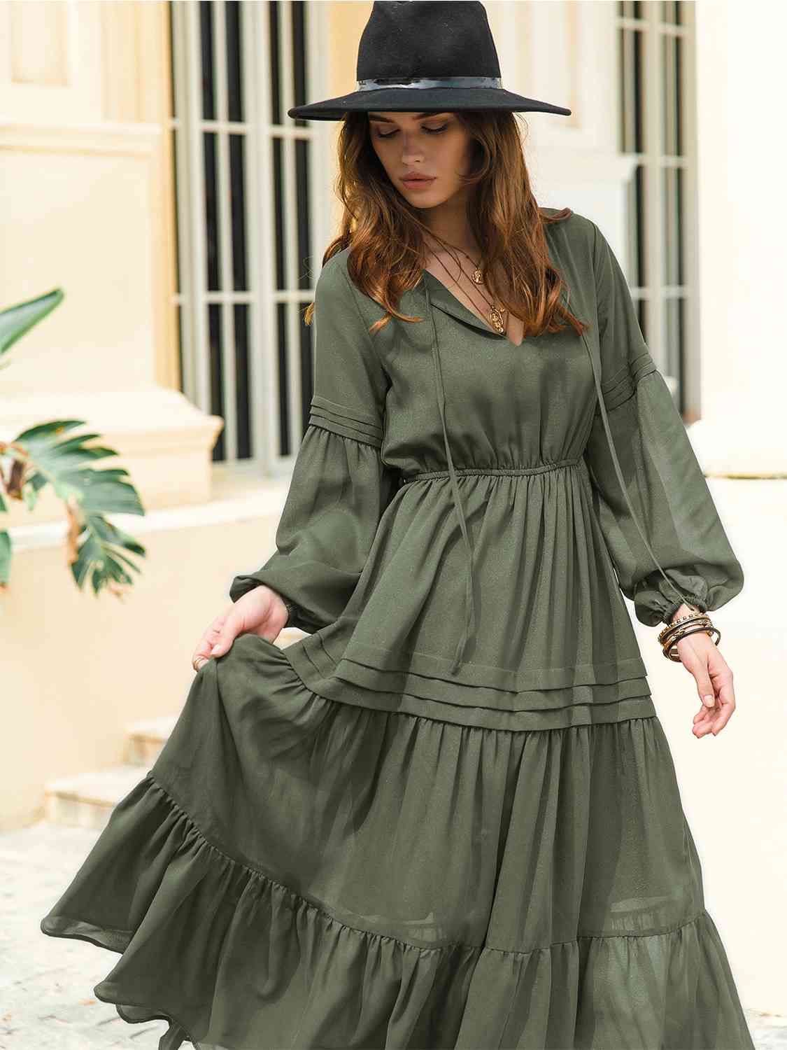 Tie-neck tiered midi dress