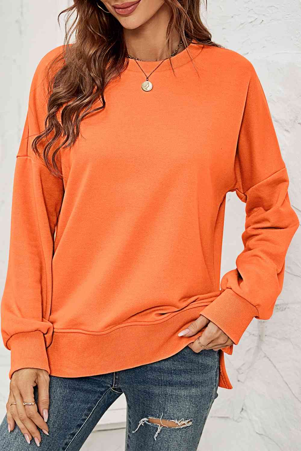 Round Neck  Dropped Shoulder Slit Sweatshirt