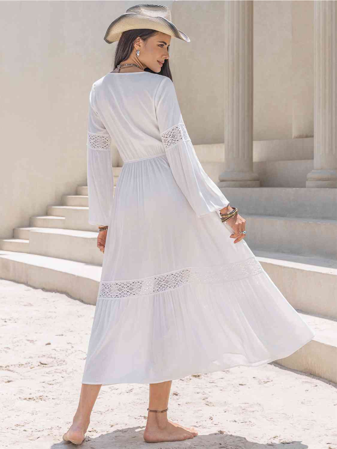 Tie-neck tiered midi dress