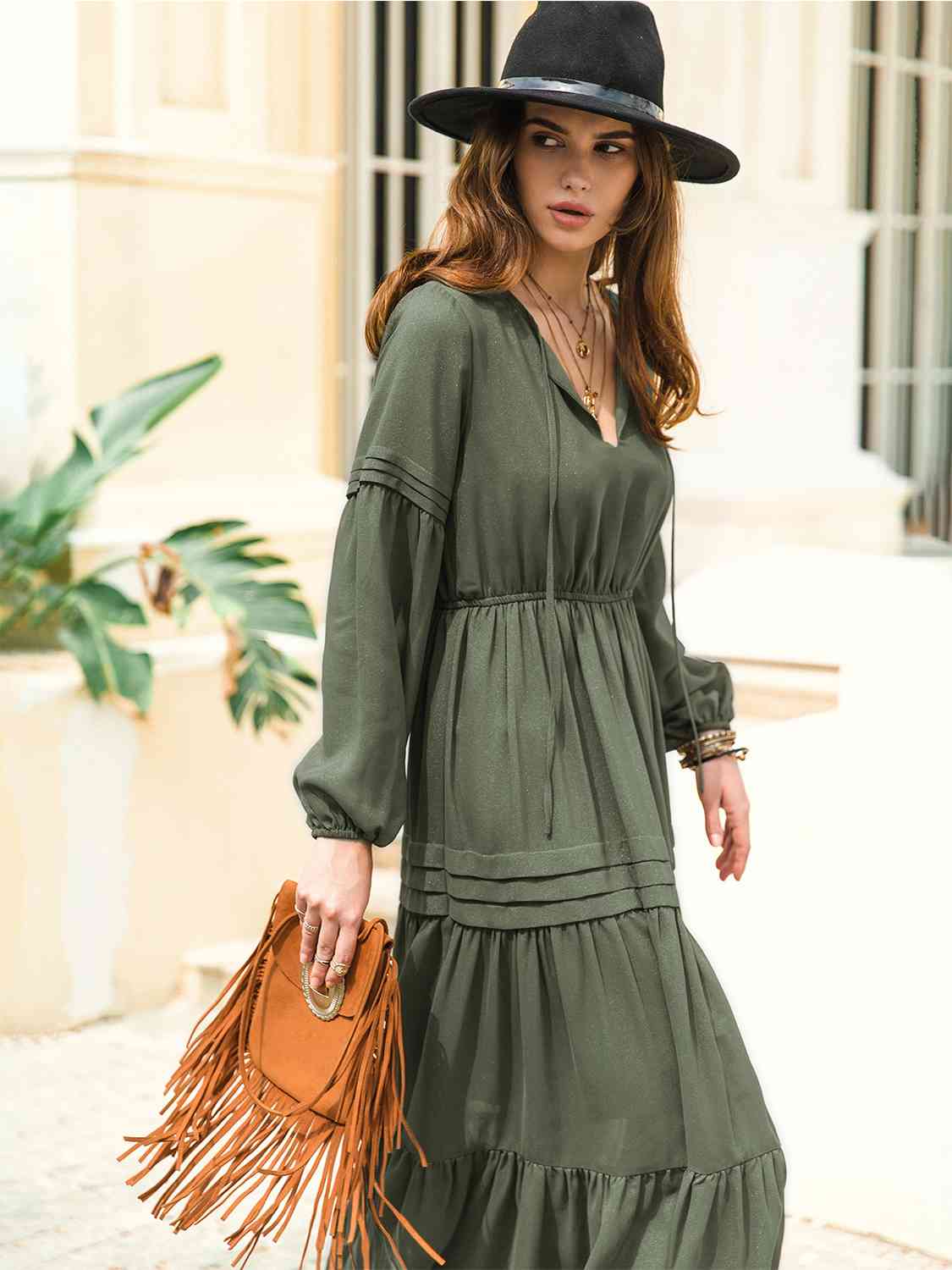 Tie-neck tiered midi dress