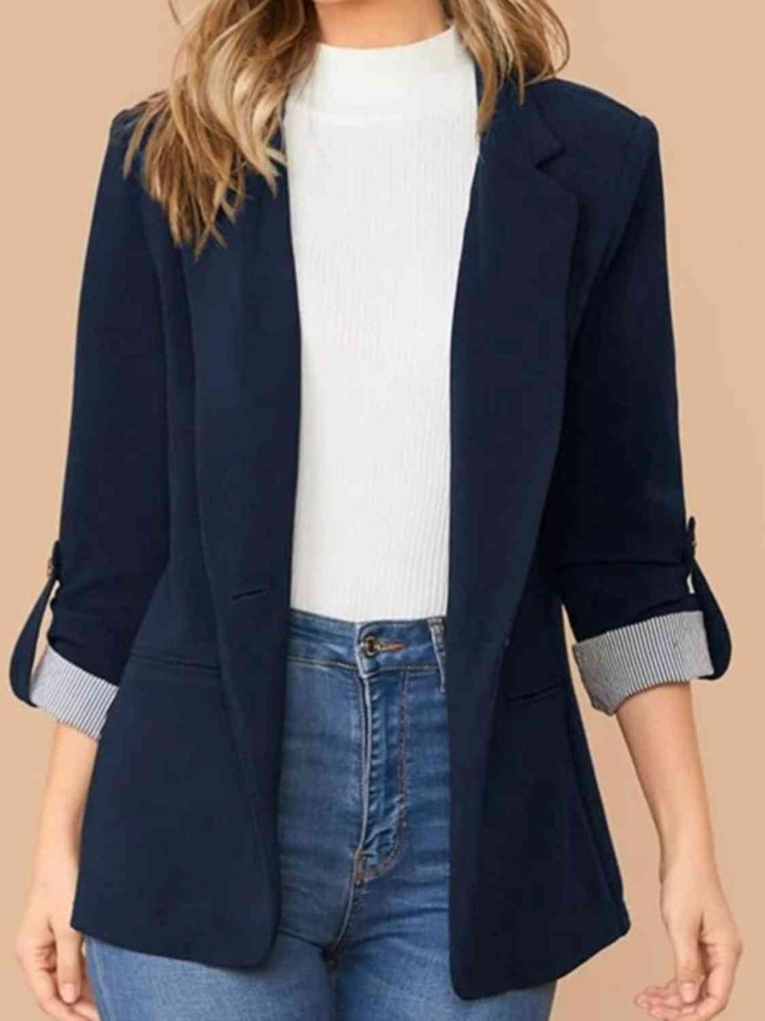 Lapel collar roll tab sleeve blazer