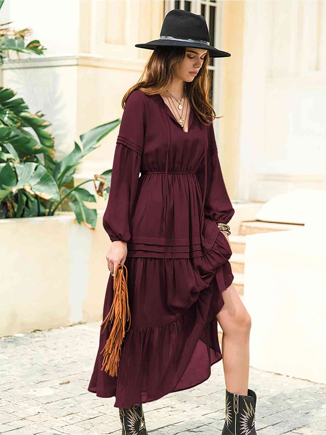 Tie-neck tiered midi dress