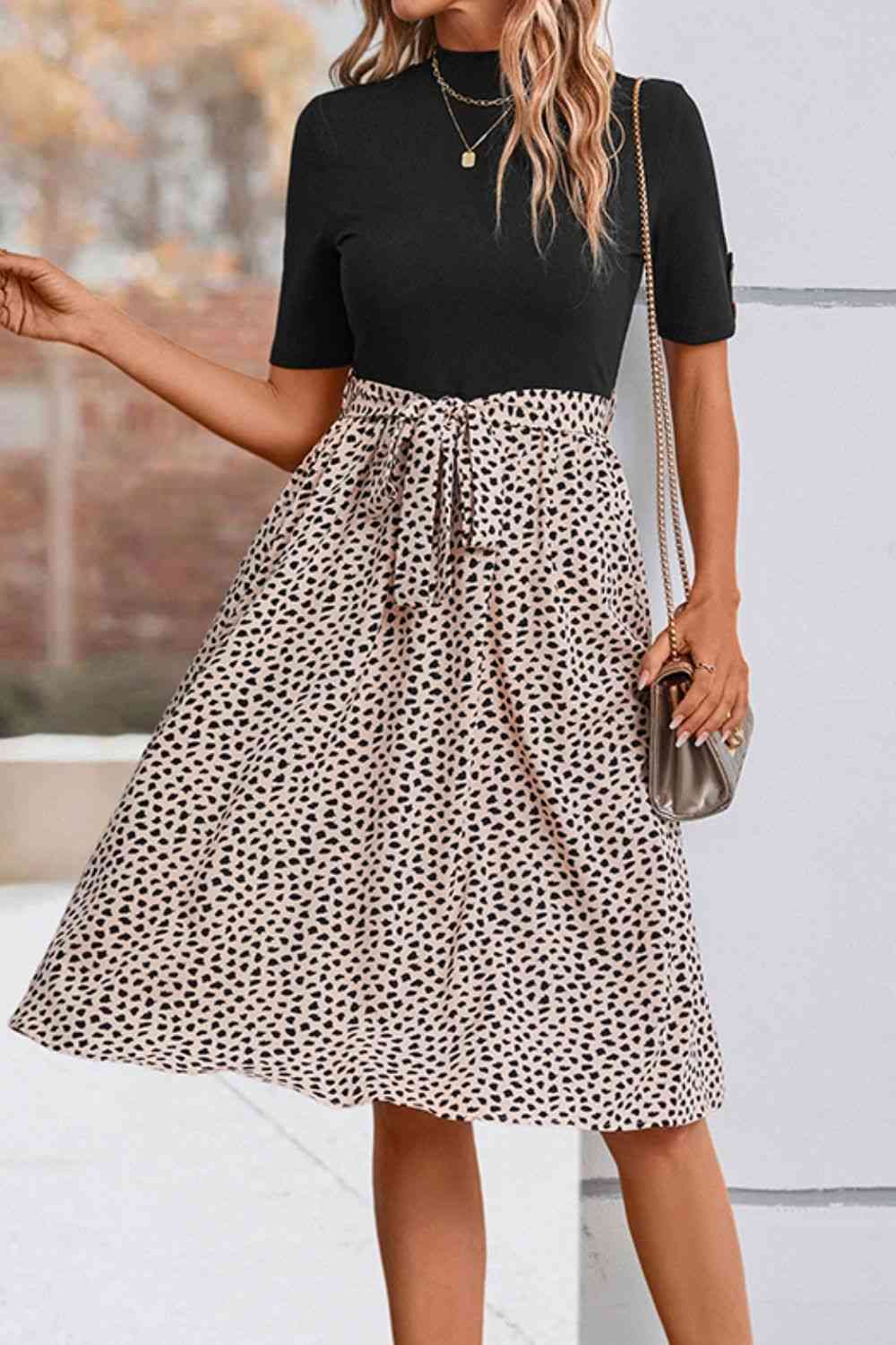 Printed Short Sleeve Belted Dress