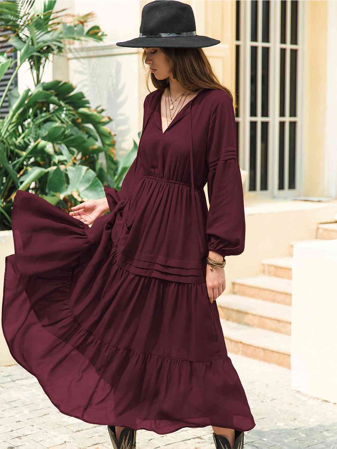 Tie-neck tiered midi dress