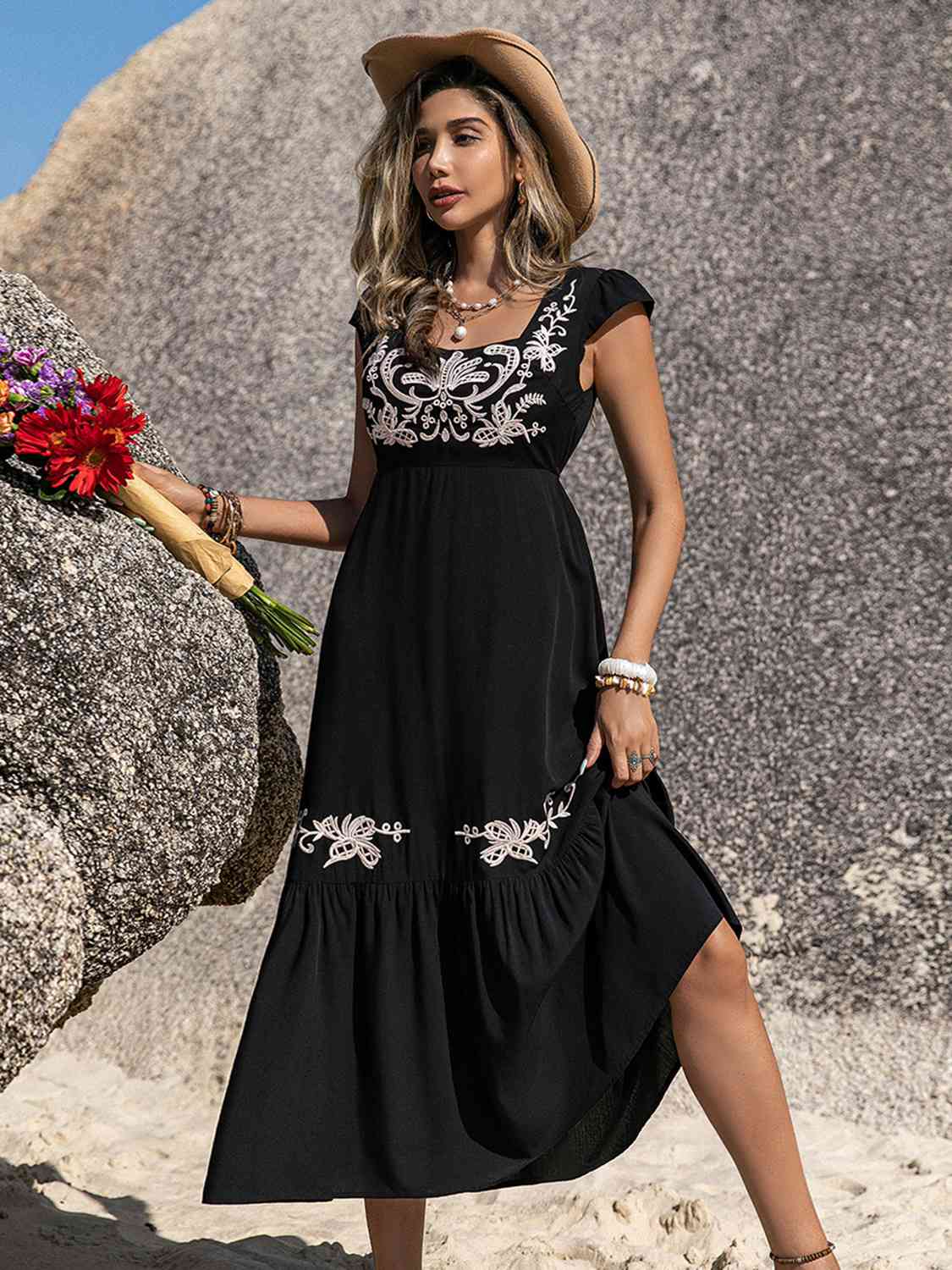 Embroidered Square Neck Ruffle Hem Dress