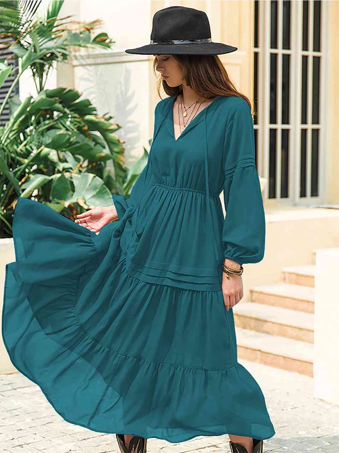Tie-neck tiered midi dress