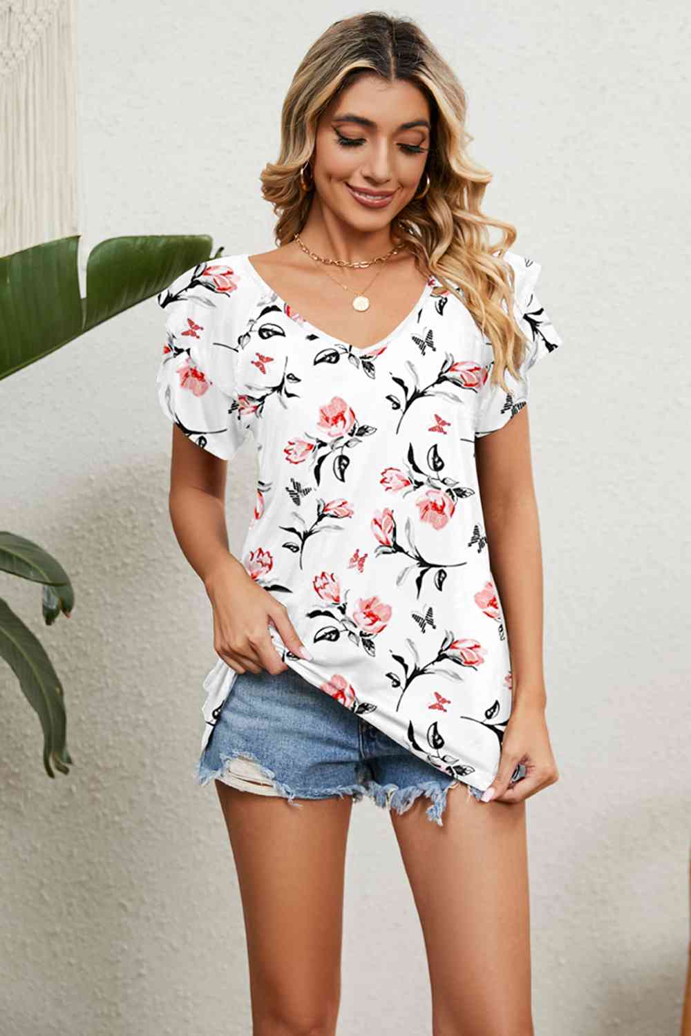 V-Neck Short Sleeve Blouse