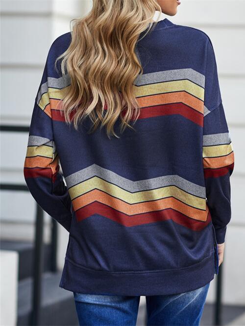 Striped Dropped Shoulder Slit Sweatshirt