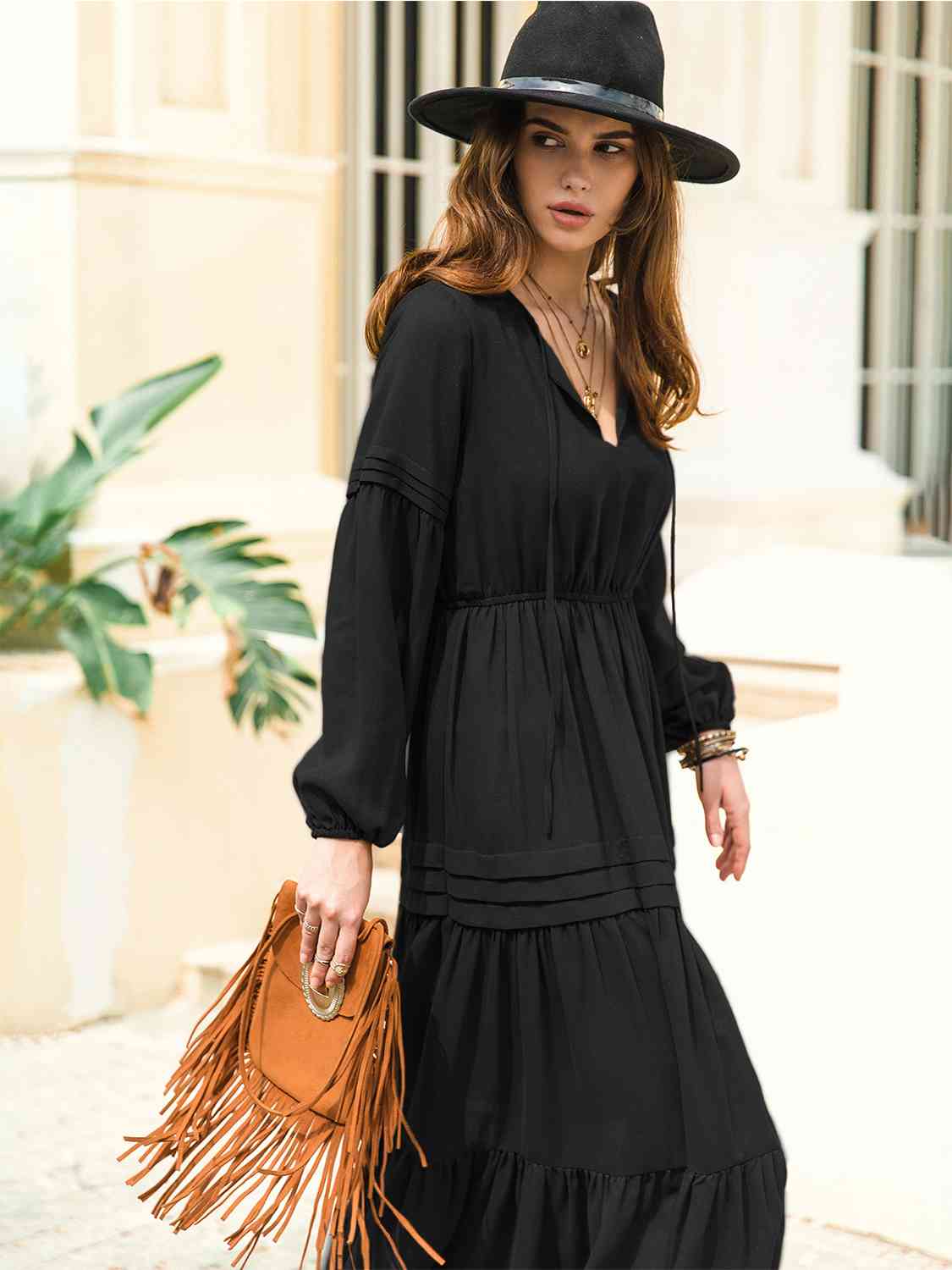 Tie-neck tiered midi dress