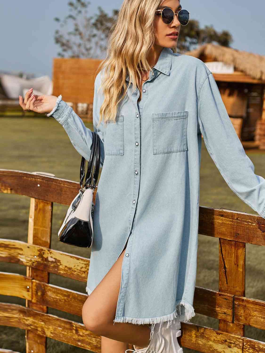 Raw-hem denim shirt dress