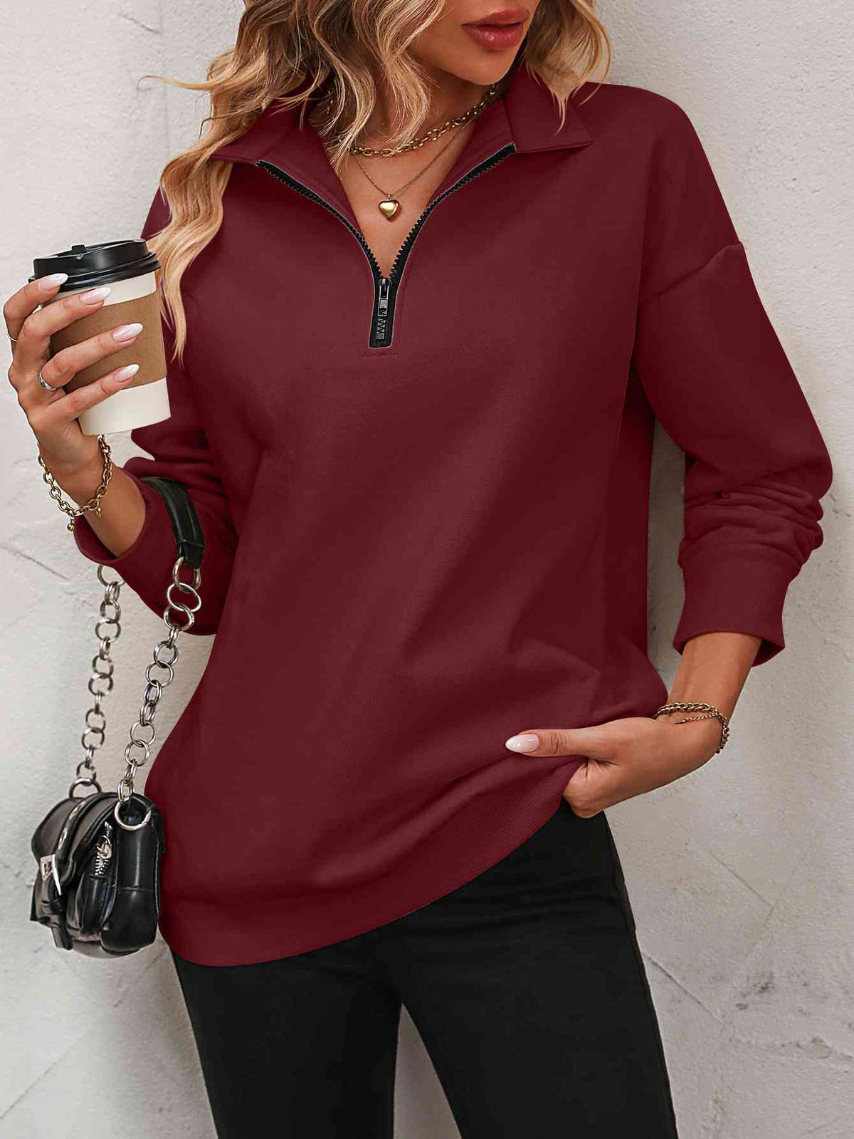 Zip up dropped shoulder sweatshirt, Wine, front