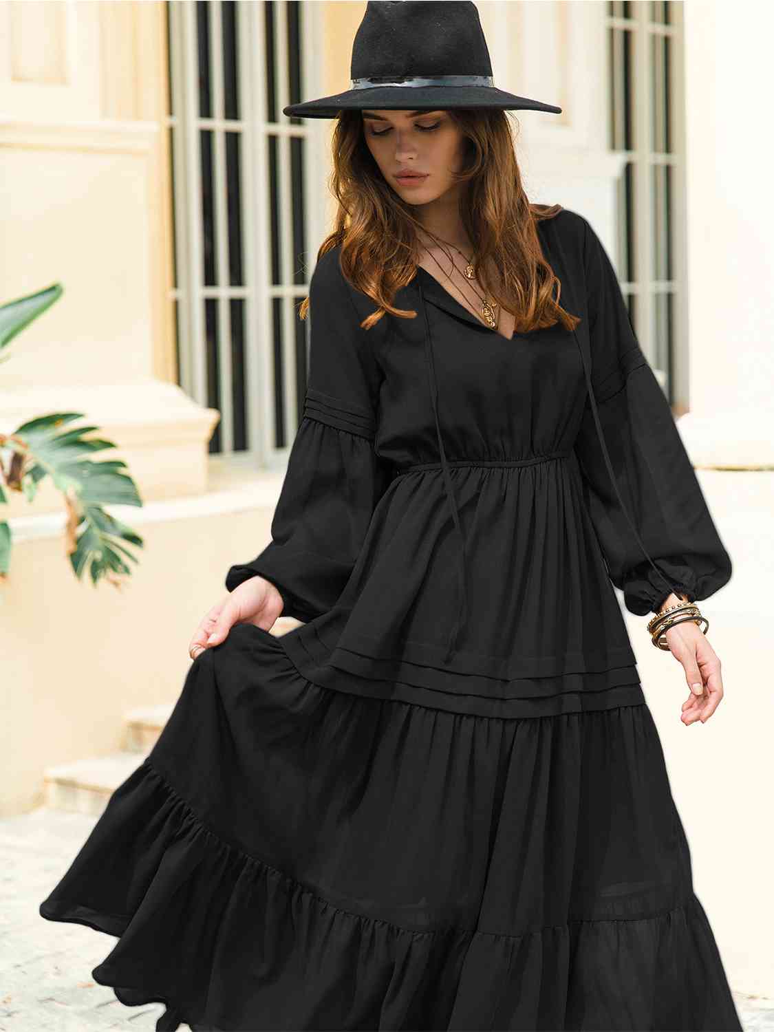 Tie-neck tiered midi dress